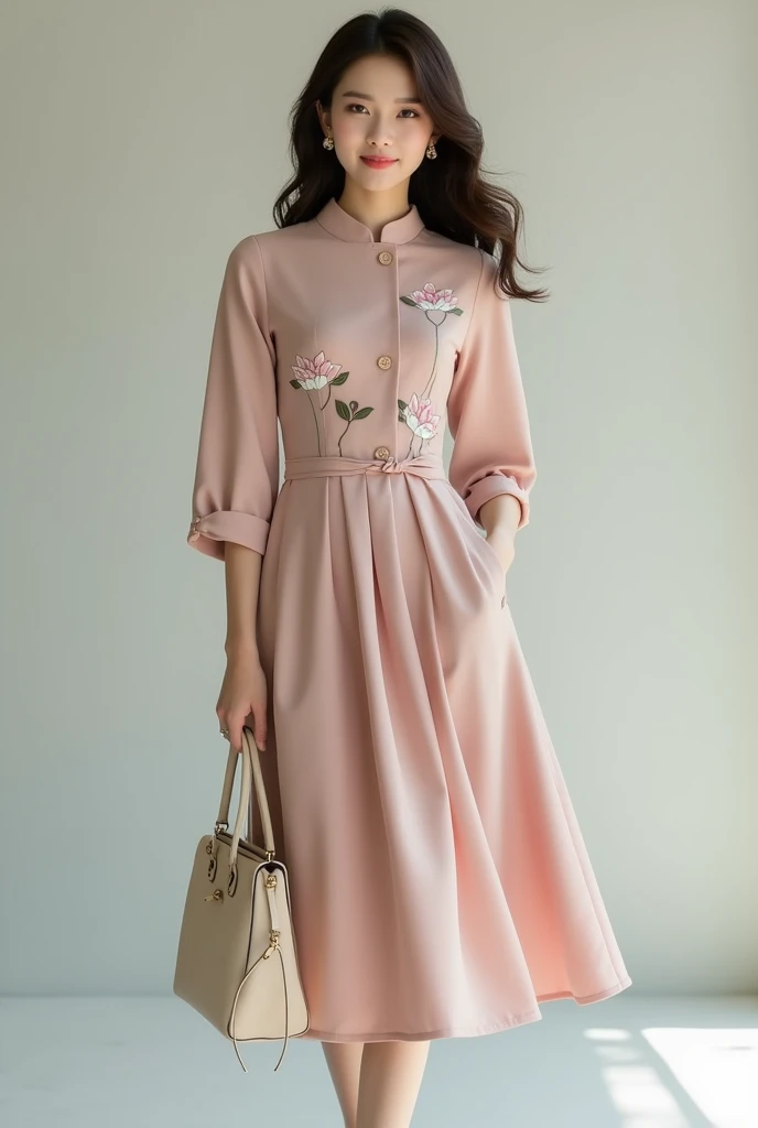 Create a high-quality image of a stylish dress designed for young women aged 20-25, featuring a dynamic and youthful style that blends modern and classic fashion elements with Vietnamese cultural influences. The dress should be versatile, suitable for both casual outings and daily workwear, with a simple yet chic design. Use a muted and refined color palette, avoiding overly bright colors. The design should be clean and minimalistic, incorporating subtle traditional Vietnamese motifs like lotus flowers or delicate embroidery. The dress should have a balanced silhouette, such as a fitted waist with a slightly flared or A-line skirt, offering comfort and effortless style. Ensure the image is captured with a high-end camera to produce sharp, detailed, and vibrant visuals.
