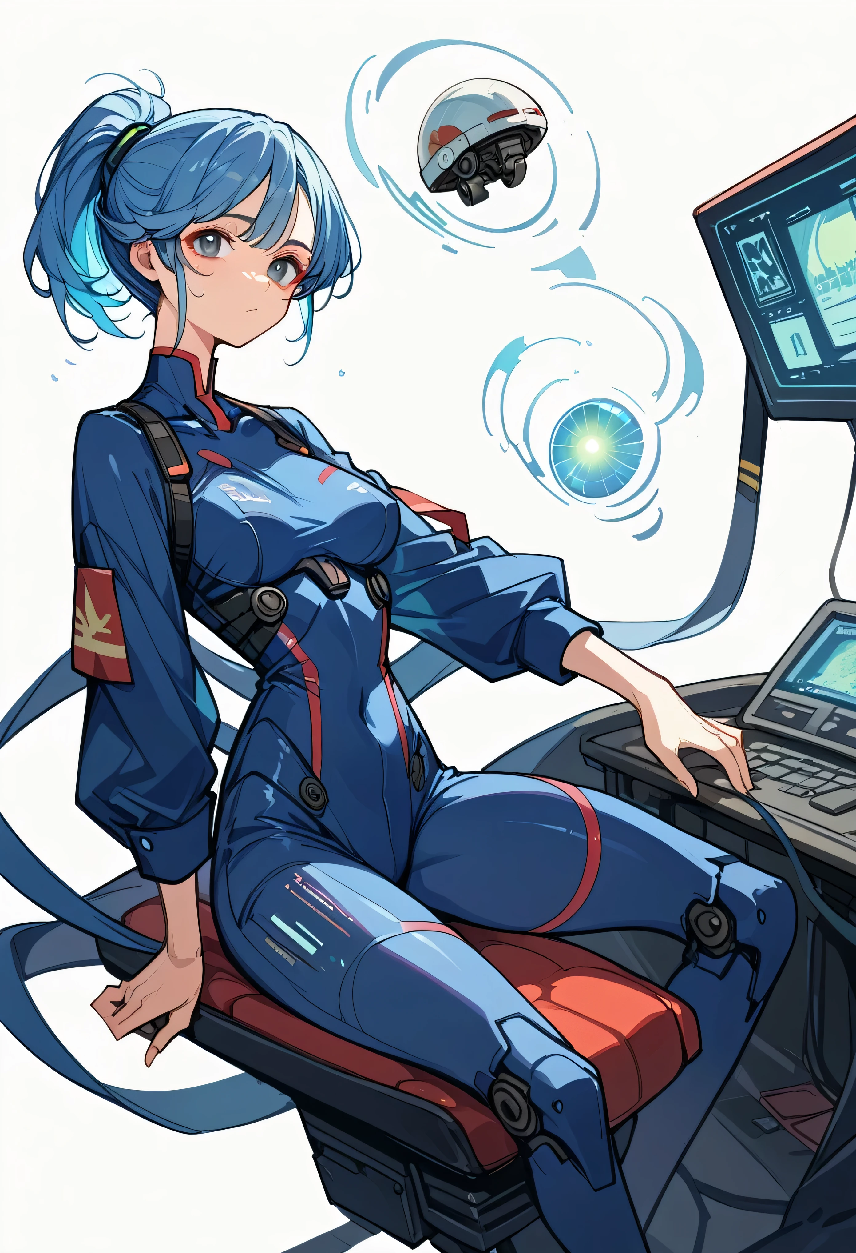((Holographic glow effect))、gundamwingcockpit,Blue Hair、Masterpiece、Best Quality、1 person、Medium breast、((Album cover))、Light on Face、Slim Body、Blue Costume、Exoskeleton、metal Gear、Cyberpunk Style、ponytail、The Gundam pilot、attention arousal