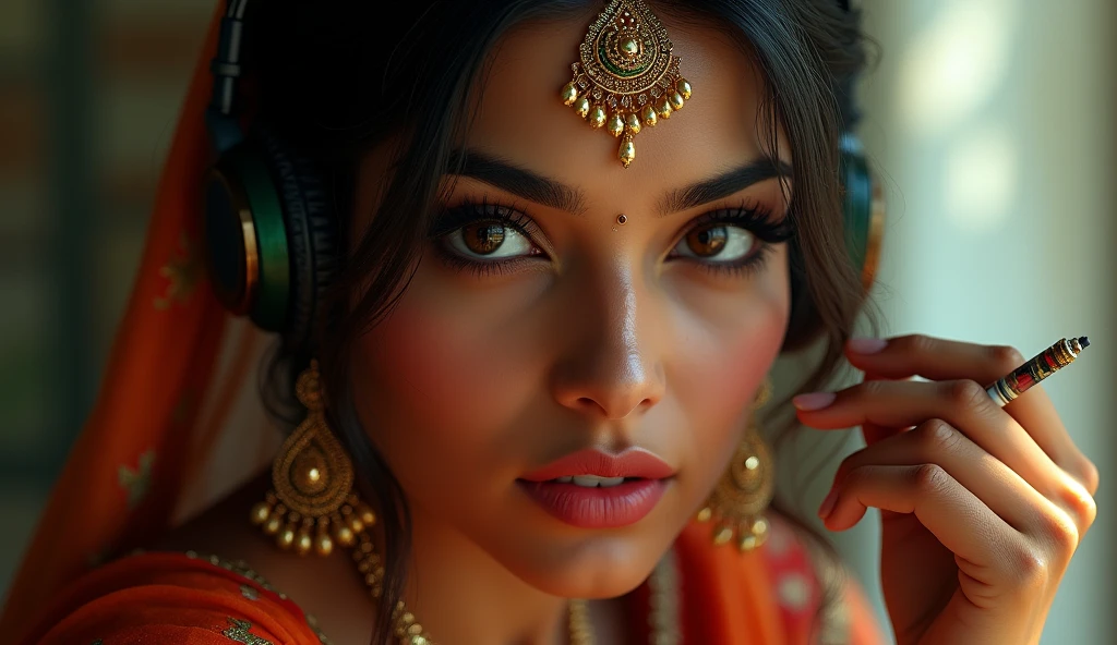 beautiful detailed eyes, beautiful detailed lips, extremely detailed eyes and face, longeyelashes, 1girl, a girl wearing a sari blouse, headphones on her ears, cigarette in her hand, detailed background, detailed clothing, detailed accessories, photorealistic, cinematic lighting, realistic colors, highly detailed, hyper realistic, masterpiece, stunning, dramatic, elegant