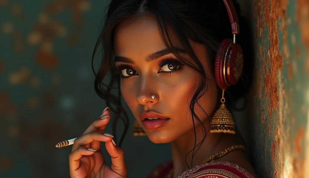 beautiful detailed eyes, beautiful detailed lips, extremely detailed eyes and face, longeyelashes, 1girl, a girl wearing a sari blouse, headphones on her ears, cigarette in her hand, detailed background, detailed clothing, detailed accessories, photorealistic, cinematic lighting, realistic colors, highly detailed, hyper realistic, masterpiece, stunning, dramatic, elegant