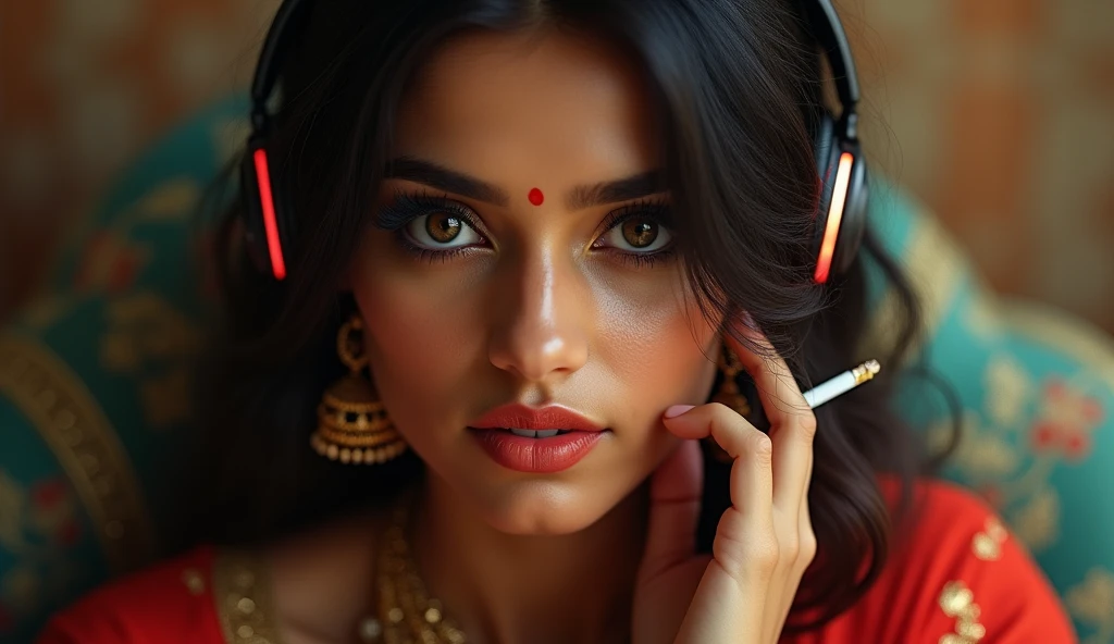 beautiful detailed eyes, beautiful detailed lips, extremely detailed eyes and face, longeyelashes, 1girl, a girl wearing a sari blouse, headphones on her ears, cigarette in her hand, detailed background, detailed clothing, detailed accessories, photorealistic, cinematic lighting, realistic colors, highly detailed, hyper realistic, masterpiece, stunning, dramatic, elegant