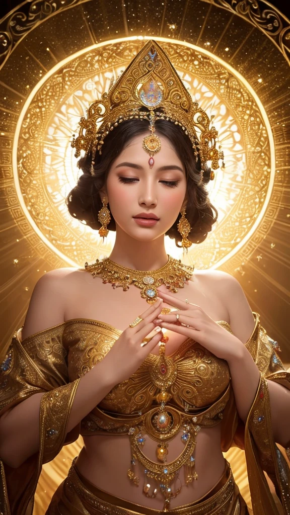 Depict a majestic goddess statue. The goddess is adorned in golden ornaments and is holding divine light in her hands. Her expression is serene and full of compassion, with intricate jewels and decorations scattered throughout her hair and garments. Her eyes are open. The background is surrounded by mystical circular patterns and a halo of light, creating an overall atmosphere of mystique and sanctity.