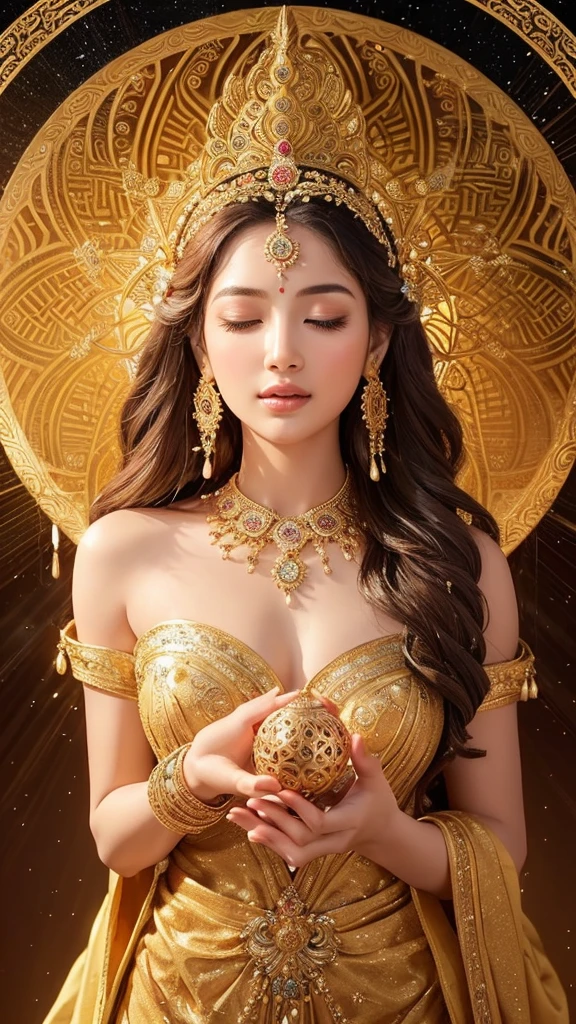 Depict a majestic goddess statue. The goddess is adorned in golden ornaments and is holding divine light in her hands. Her expression is serene and full of compassion, with intricate jewels and decorations scattered throughout her hair and garments. Her eyes are open. The background is surrounded by mystical circular patterns and a halo of light, creating an overall atmosphere of mystique and sanctity.