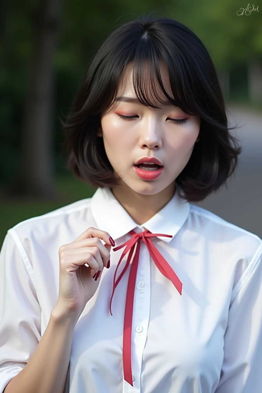 Highest quality,Japanese Idols, Short Bob Hair、bangs、Award-winning photo, Very detailed, Edge Orgasm, Face Focus, (Woman with open mouth and closed eyes ), Age 30、Black Hair、 News anchor、Glowing Skin,From below、Realistic nostrils、Browsing Caution,Shortcuts、Big Breasts、Vibrator prank in public, 公共の場でのBig Breasts女性, She leaned back., (She closed her eyes), she yawns, She wants you to stop using vibrators