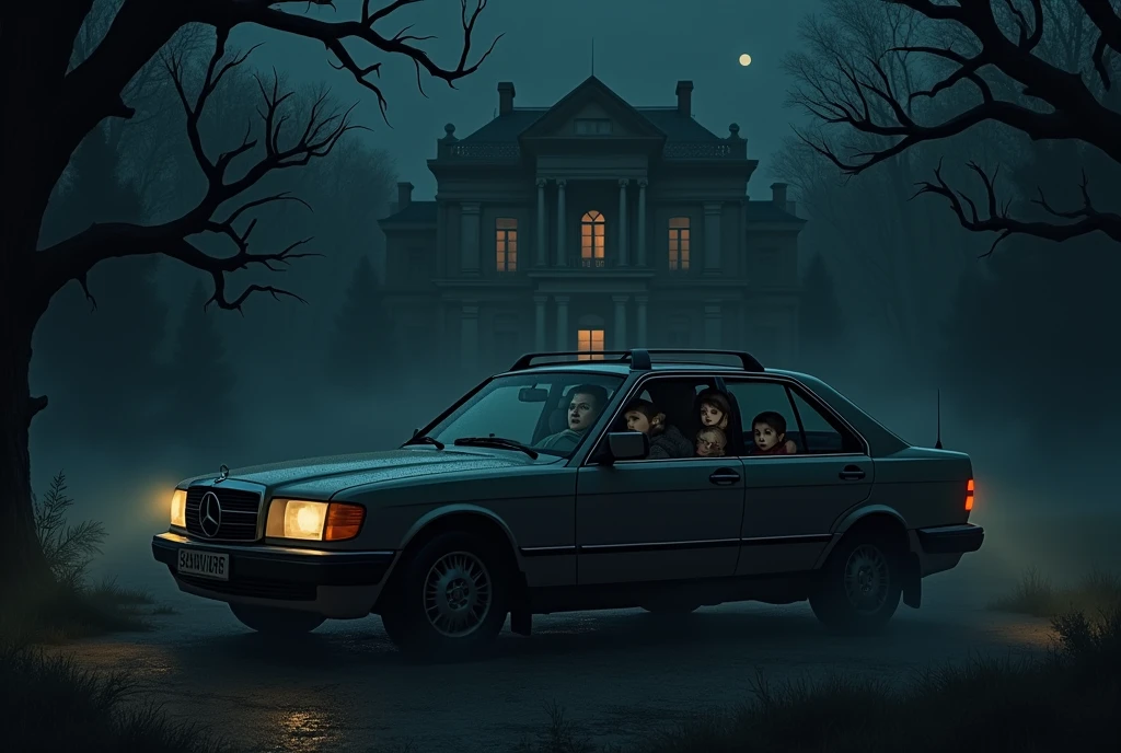 Depict a dark and intense scene of a family inside their car, parked in the shadowy, deserted grounds of a grand, ominous mansion. The father sits in the driver’s seat, gripping the steering wheel tightly, his face pale and tense with fear. The mother, in the passenger seat, cradles their youngest child, her expression one of exhaustion and terror. The two older children huddle together in the backseat, wide-eyed and trembling. Outside, the night is pitch black, with only the dim glow from the car's headlights illuminating the twisted, overgrown trees that surround them. The scene is filled with a sense of dread, as if they are trapped and being watched by something lurking in the darkness.