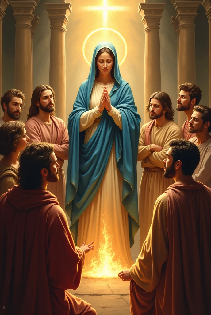 I would like a vertical image of Our Lady in the midst of the apostles praying at Pentecost as tongues of fire fall upon them.