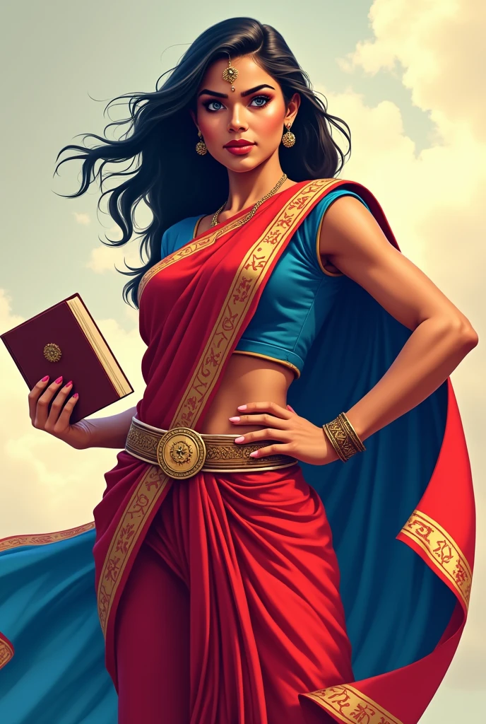 Design a strong female mascot in Indian attire embodying the essence of your college should have
1. Confident posture: Stand tall with a determined expression.
2. Traditional Indian attire: Consider a saree
3. Symbol of strength: Include elements like a cape or a symbol representing strength.
4. Bold colors: Use vibrant colors to enhance the character's strong presence.
5. Cultural symbols: Incorporate accessories like books, bindi etc
6. College representation: use the colours red, blue and white
7. Dynamic pose: Experiment with poses that exude empowerment and resilience.
8. Expression: Capture a strong and inspiring facial expression to reflect the essence of your college.
SHE MUST CARRY A BOOK