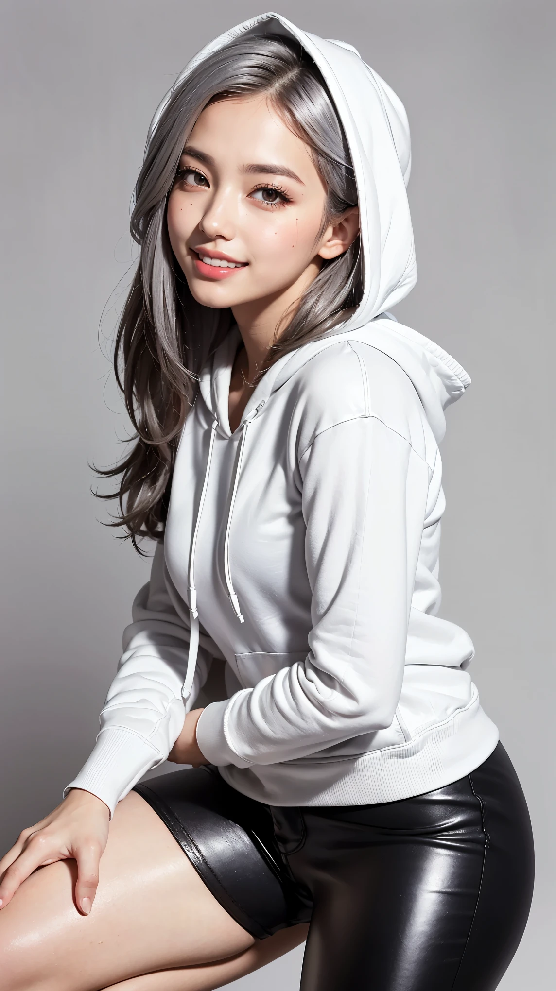 Realistic, masterpiece, Highest quality, Highest Resolution, Anatomically correct, Accurate Anatomy, (Gray blank background:1.3), (1girl:1.3), 22 years old, Height: 168cm, 8 heads, Shot from thigh up, (Thick thighs:1.2), (Long Hair, Straight Hair, Silver Hair:1.3), (Squint your eyes, Sharp Eyes, (Iris:1.2)), (Hidden eyelid wrinkles:1.2), Thin eyebrows, Draw eyelashes carefully, Natural Makeup, Chin up, Grin, profile, (White hoodie, Black Leather Pants:1.3), (Barker's hood is not on, There are two strings:1.3), (Sitting with legs spread on a simple chair:1.2)