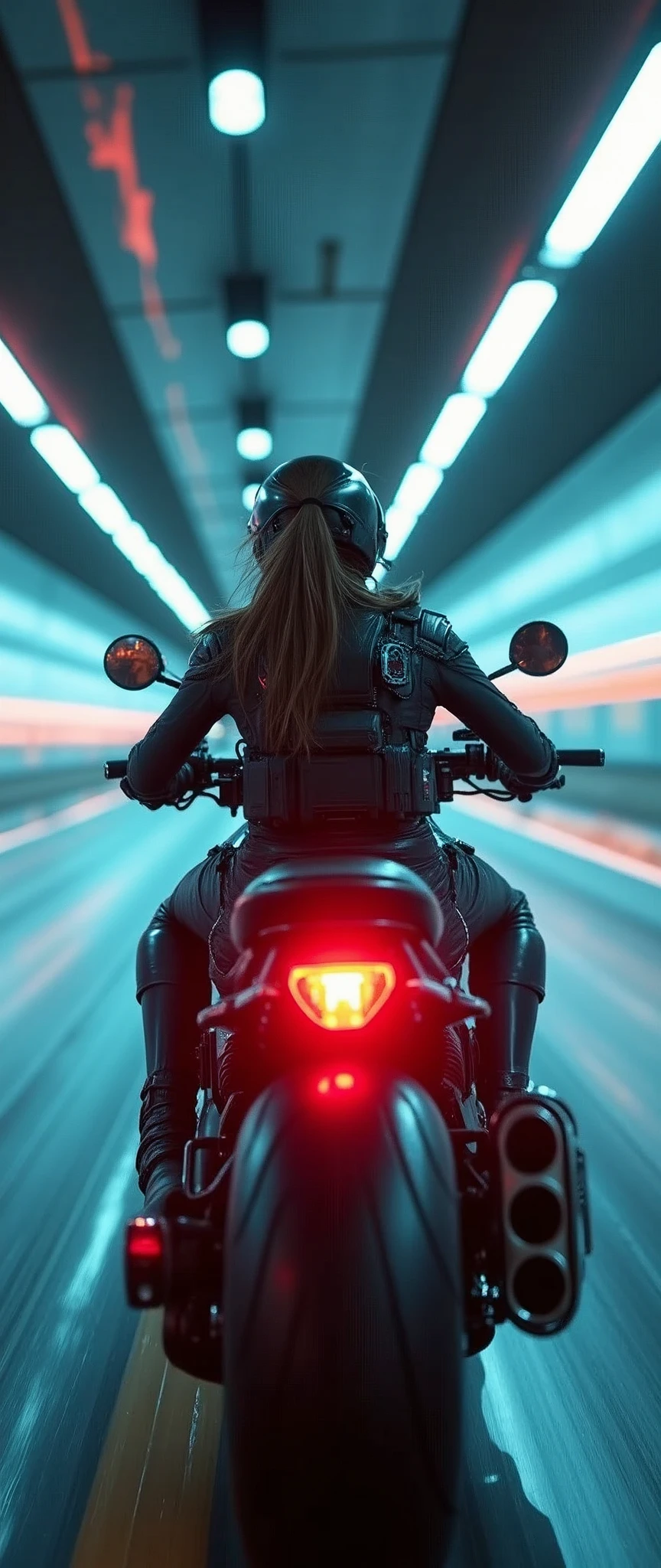 (masterpiece:1.2,Highest quality,Ultra-high resolution,Very detailed,Realistic,DSLR Canon style),8k,wallpaper,(Ray Tracing),(Future City:2.0),sf,cyber punk,(A woman driving a futuristic, heavily armed mech motorcycle of a SWAT team.:1.9),(A woman wearing a SWAT team's tactical mech bodysuit:2.0),(A tilted camera angle from the rear of the aircraft),night,(Rainbow-colored guiding lights:2.0),(The motorcycle races through the tunnel's curve, leaning into the turn at high speed.:2.0),(The road is wet from the rain.:2.0),(Tunnel of Light:2.0),(Motion Blur)