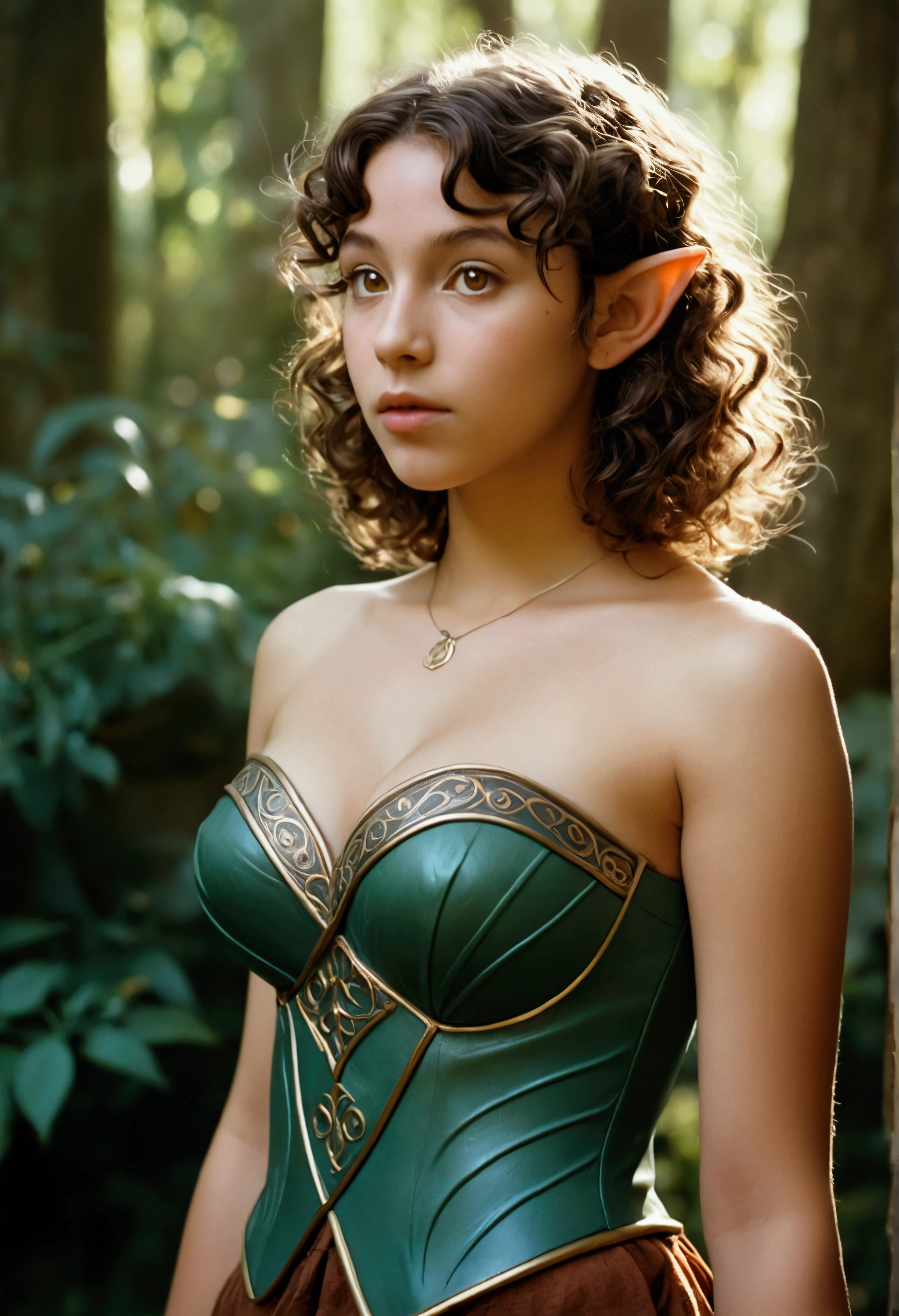 analog film photo, photo of a young elven girl, 18 years old, elf ears, amber eyes, curly brunette bob cut, tan complexion, Amazonian stature, voluptuous hourglass figure, busty bosom, narrow waist, full hips, big plump buttocks, wearing a strapless elven mini-dress, strolling through a fantasy landscape, RAW Photograph, dslr, soft lighting, high quality, film grain, Fujifilm XT3, detailed skin with visible pores, insane details, masterpiece, 8k, 35mm photograph, dslr, kodachrome, faded film, desaturated, grainy, vintage, Lomography, stained, highly detailed, found footage, close-up shot, elven ears