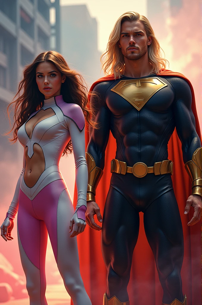 Make Lily Collins have circular, large, round eyes, brown hair color, wearing a white and pink superhero suit, and a tall, blonde, muscular man with long hair wearing a black superhero suit. , with a gold cape and a gold waist,