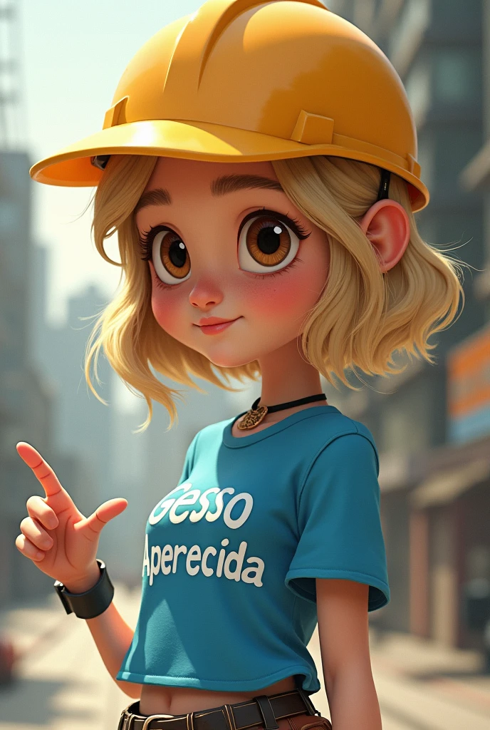 I want a pet that is a blonde girl with shoulder-length hair., big brown eyes, chestless, blue blouse with "Gesso Aparecida" written in white, construction hat and pointing with her hands to something on her right
