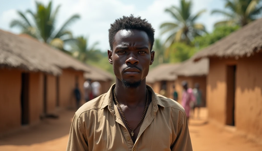 Narration: Assane, un jeune noir homme de 25 ans, vit dans un village béninois en proie à la pauvreté. Prompt: Un jeune homme noir, Assane, marchant dans un petit village africain au tours de lui des villageois, avec des maisons en terre battue et des palmiers en arrière-plan, une expression de désespoir sur son visage image en 8k haute définition.
