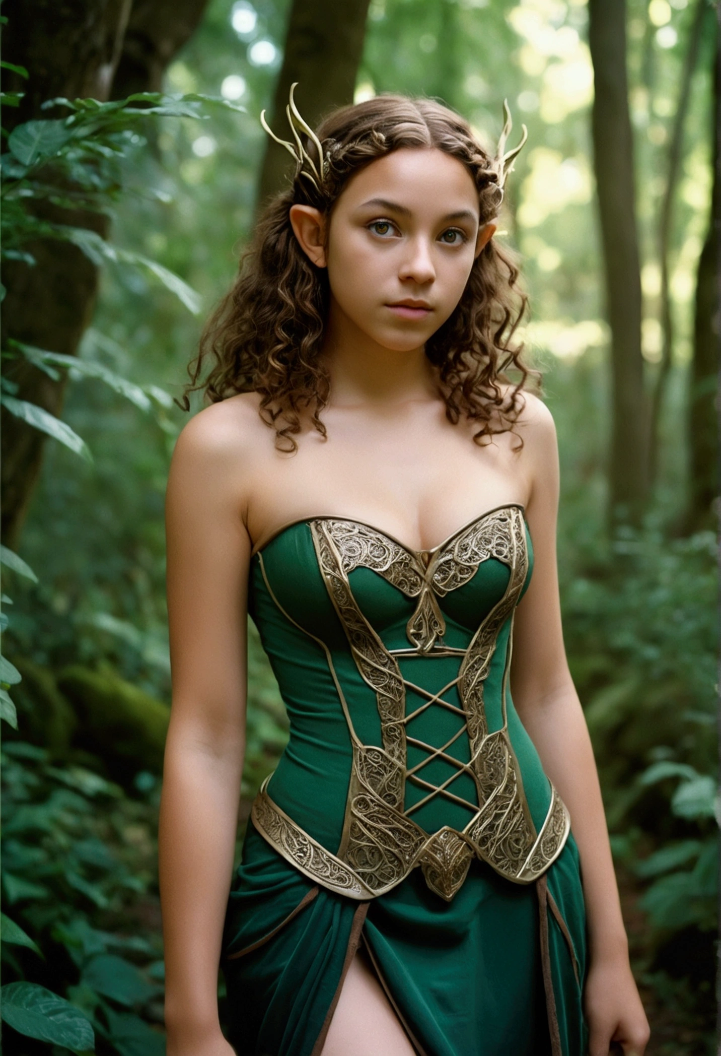 analog film photo, photo of a young elven girl, 18 years old, elf ears, amber eyes, curly brunette bob cut, tan complexion, Amazonian stature, voluptuous hourglass figure, busty bosom, narrow waist, full hips, big plump buttocks, wearing a strapless elven mini-dress, strolling through a fantasy landscape, RAW Photograph, dslr, soft lighting, high quality, film grain, Fujifilm XT3, detailed skin with visible pores, insane details, masterpiece, 8k, 35mm photograph, dslr, kodachrome, faded film, desaturated, grainy, vintage, Lomography, stained, highly detailed, found footage, close-up shot, elven ears
