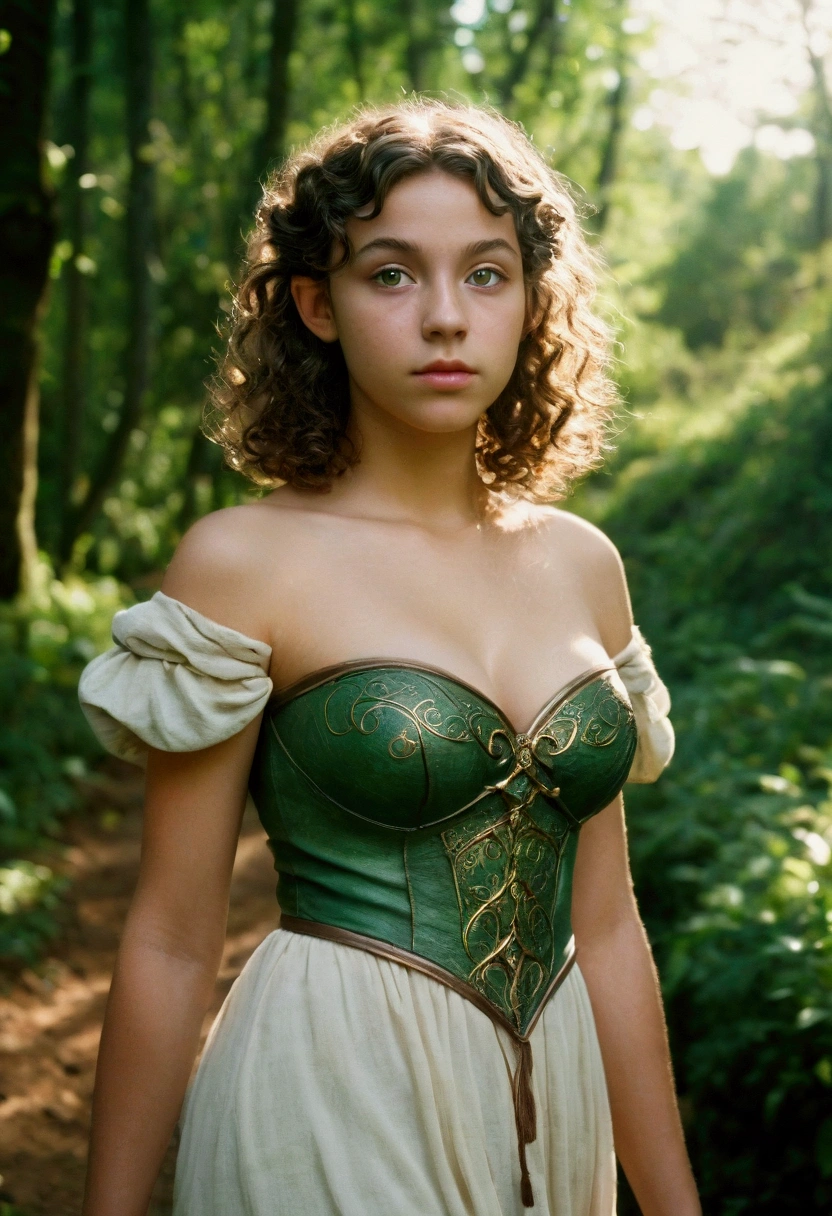 analog film photo, photo of a young elven girl, 18 years old, elf ears, amber eyes, curly brunette bob cut, tan complexion, Amazonian stature, voluptuous hourglass figure, busty bosom, narrow waist, full hips, big plump buttocks, wearing a strapless elven mini-dress, strolling through a fantasy landscape, RAW Photograph, dslr, soft lighting, high quality, film grain, Fujifilm XT3, detailed skin with visible pores, insane details, masterpiece, 8k, 35mm photograph, dslr, kodachrome, faded film, desaturated, grainy, vintage, Lomography, stained, highly detailed, found footage, close-up shot, elven ears
