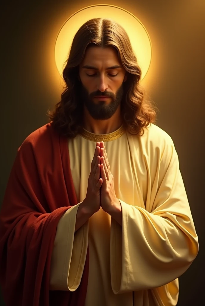 "The Holy Image of Jesus, His face was calm., Fold your hands and pray devotionally, Illuminated by golden light.Realism，full-body shot