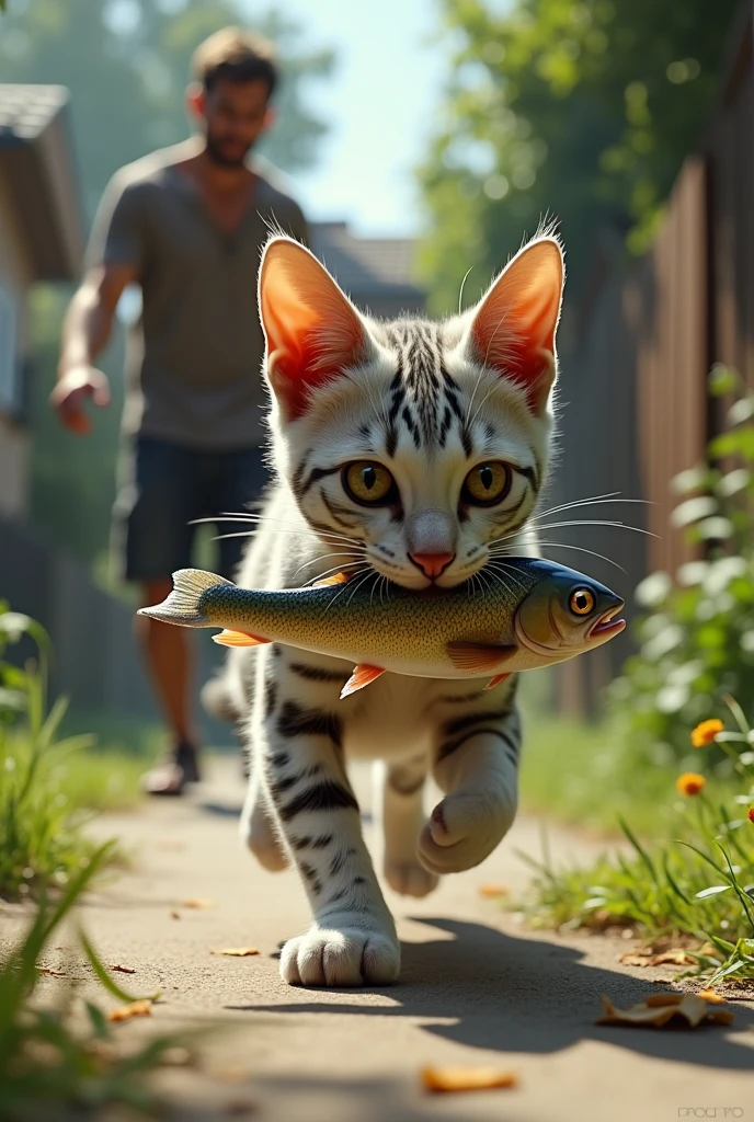 Cat running away from owner with fish in its mouth realistically