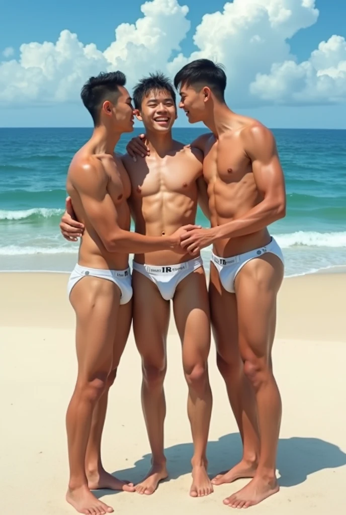 The models are all 4 men aged 18., Show your penis, Muscular and well-built,naked, They are all 2 meters tall. The three of them all、They seemed cheerful and close... They are Chinese., white, And tall. nakedの男 , hugged and kissed. Big penis, Anal plug. The background is the beach., Beautiful sea, white sand, Realistic painting. 