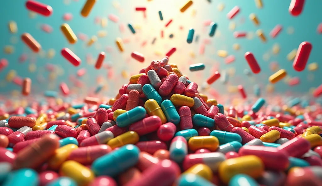 Capsules of various colors are piled up in a small mountain below,Capsules are constantly falling from above