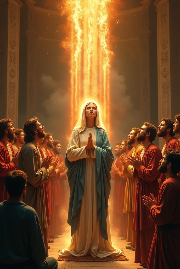 I would like a vertical image of Our Lady in the midst of the apostles praying at Pentecost while fire falls upon them