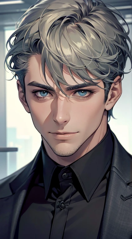 (best quality,4k,8k,highres,masterpiece:1.2),ultra-detailed,(realistic,photorealistic,photo-realistic:1.37),1 man,31 years old,mature man,very handsome,without expression,smile,short grey green hair,blue eyes,penetrating gaze,perfect face without errors,imposing posture,businessman,office background,cinematic lighting,hdr image
