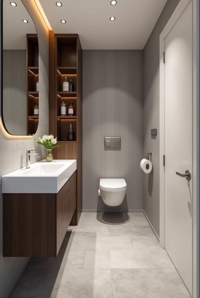 Design me an executive half bathroom with a range of white colors, gray and coffee wood.