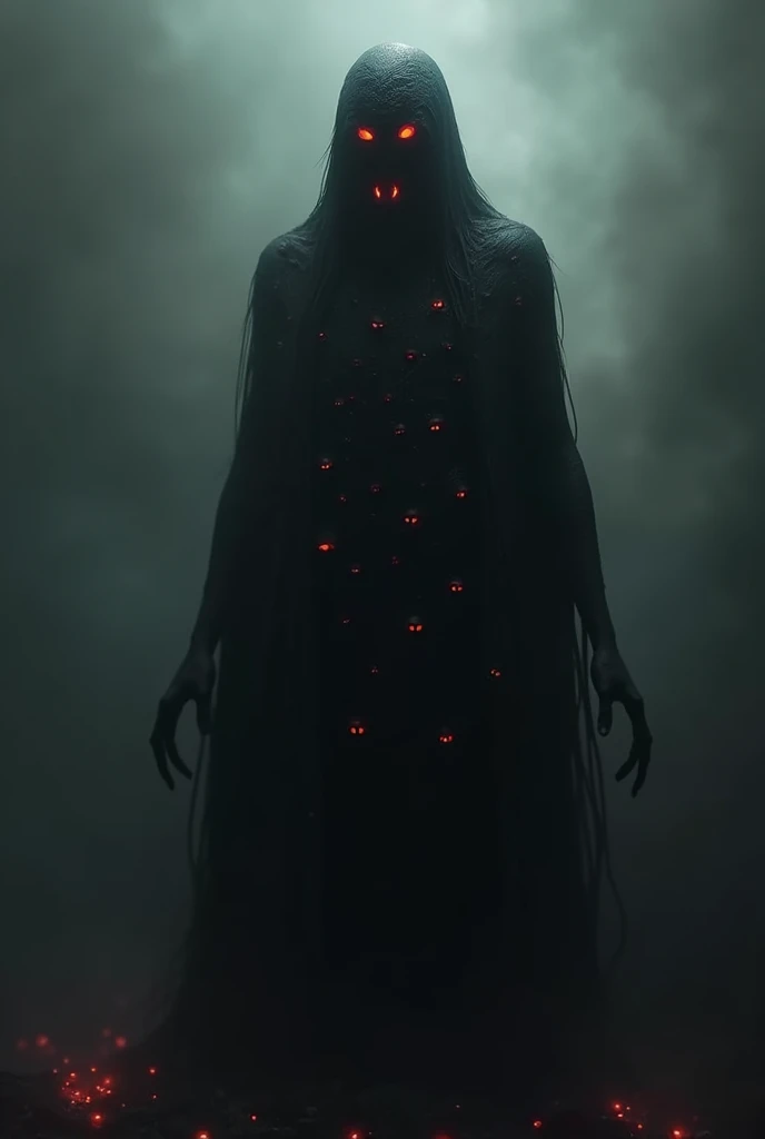 A black, humanoid creature covered in eyes with red irises, The child has 1,70 tall. The creature is a dark mass, unable to see it.