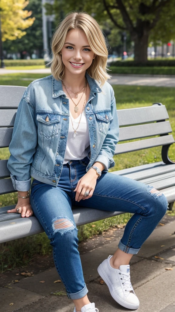 Super Resolution、Clear French woman、Full body photo、sitting on a park bench、Blonde Hair、blue eyes、Short Haircut、Wavy Hair、Ear piercing、、necklace、Denim jacket、shirt、Skinny jeans、sneakers、I'm wearing black socks.、smile、Beautiful teeth alignment