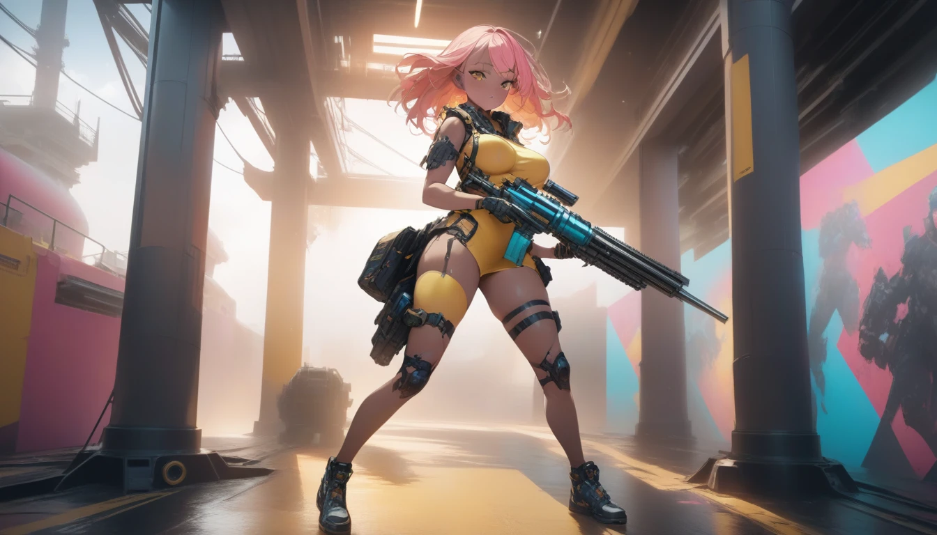 Long shot, unreal engine:1.4,CG K ultra realistic, photorealistic:1.4, skin texture:1.4, artwork 1girl, (dark skin:1.7), Gatling gun, standing on the right side of image, Casing, looking at viewer, dynamic pose, Blows, ammunition belt, gloves, large breasts not disproportionate, shooting , extremely detailed:1.4, more detailed, optical mix, playful patterns, animated texture, unique visual effect, or cyberpunk yellow color, red pantyhose, yellow leather miniskirt, masterpiece, ((colors, cyan, greens, pink, brown: 1.2)), 8k realistic digital art)), 32k