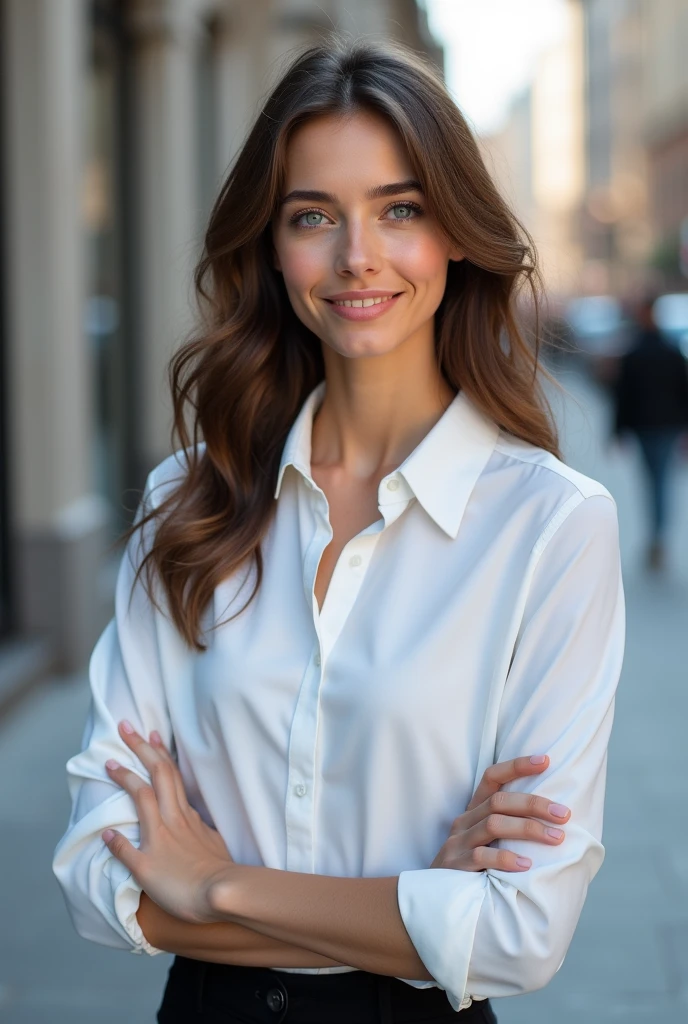 Beautiful brunette, Woman in white shirt and black pants standing on sidewalk, business clothes, Casual business clothes, Wear stylish outfits, Girl in a suit, Stylish casual attire, Office Clothes, business clothes, Modern fashion clothes, cropped shirt(With Jacket), Girl in suit, Wearing a business suit, Wearing a business suit, Wear casual business dress,, Very detailed, 21years old, Innocent face, Natural wavy hair, Blue eyes, High resolution, masutepiece, Best Quality, Intricate details, Highly detailed, Sharp Focus, Detailed skin, Realistic skin texture, Texture, Detailed eyes, Professional, 4K, Charming smile, shot in Canon, 85 mm, Shallow depth of field, Kodak Vision Color, Perfect Fit Body, Extremely detailed, a picture_\(Ultras\), Photorealistic, Realistic, Post-processing, Maximum Detail, Roughness, Real life, A hyper-realistic, Photorealism, Photography, 8K UHD, Photography