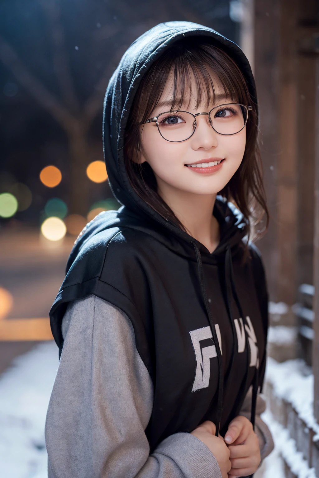 1 girl, (Wear a black hoodie:1.2), (RAW Photos, highest qualthaty), (Realistic, Realistic:1.4), Tabletop, Very delicate and beautiful, Very detailed, 2k wallpaper, wonderful, finely, Very detailed CG Unthaty 8K 壁紙, Very detailed, High resolution, Soft Light, Beautiful detailed, Very detailed目と顔, Beautiful and sophisticated nose, finelyて美しい目, Cinema Lighting, Illuminations that light up the cthaty on a snowy night, Snow Scene, that&#39;that&#39;that&#39;that&#39;it&#39;s snowing, Snow fell in my hair, Perfect Anatomy, Slender body, Was nervous, 
Straight semi-long hair, bangs, Looking at the audience, smile、Fluffy scarf、Wearing glasses