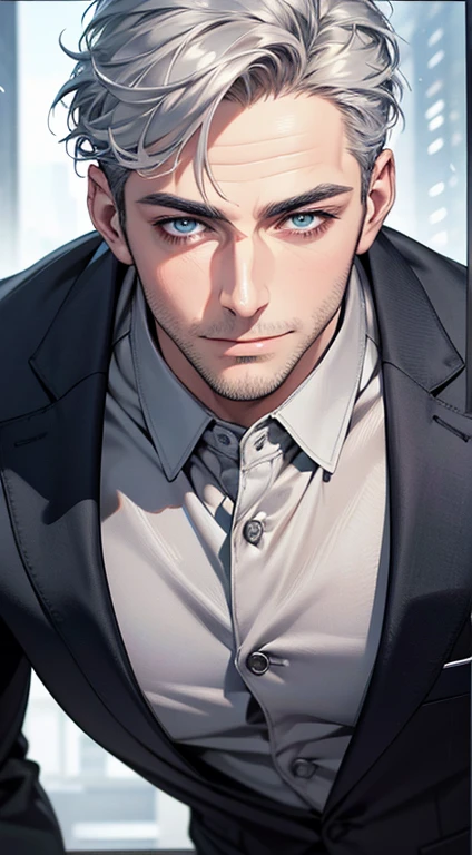 (best quality,4k,8k,highres,masterpiece:1.2),ultra-detailed,(realistic,photorealistic,photo-realistic:1.37),1 man,31 years old,mature man,very handsome,without expression,smile,short grey silver hair,blue eyes,penetrating gaze,perfect face without errors,imposing posture,businessman,office background,cinematic lighting,hdr image
