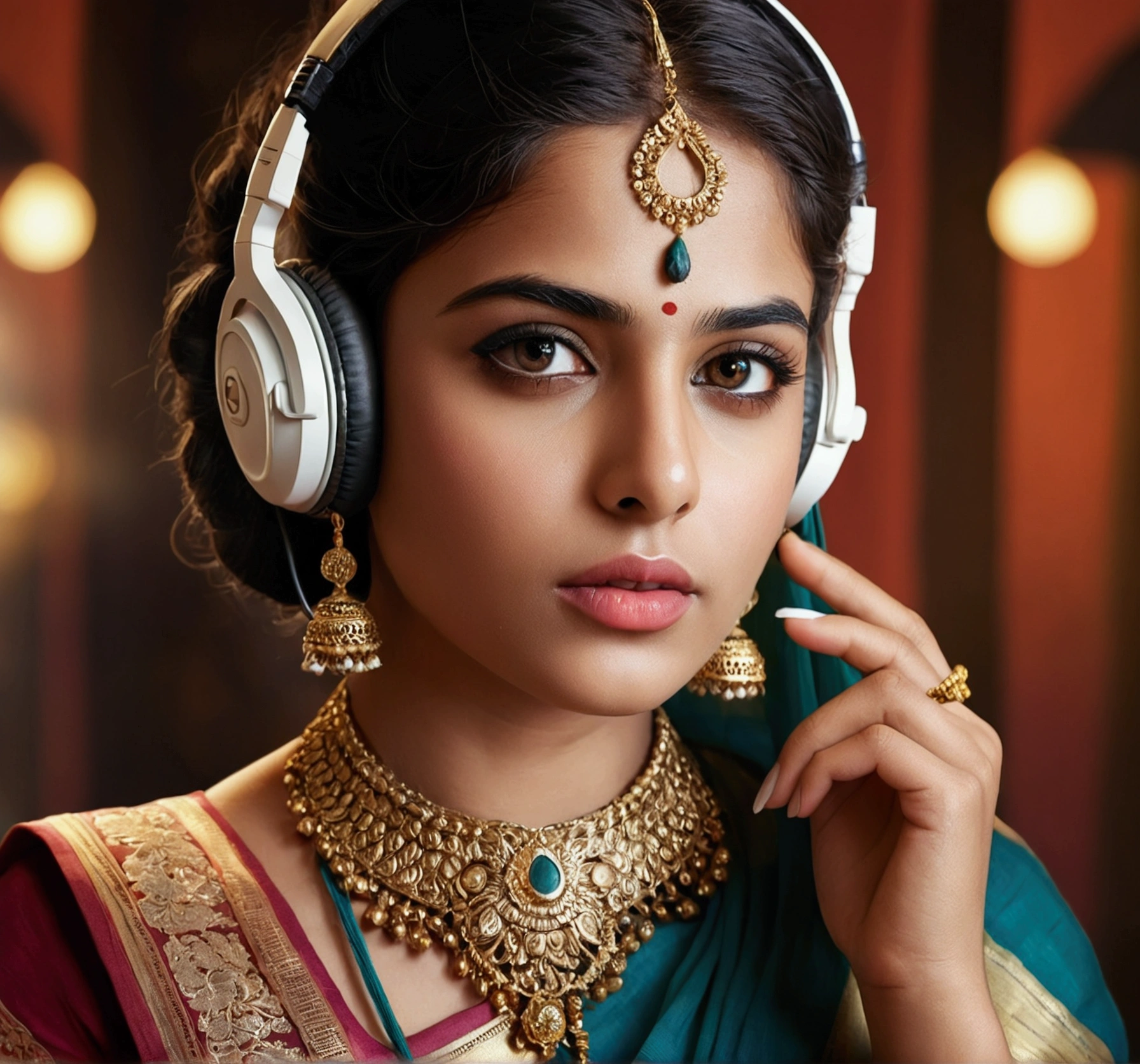 beautiful detailed eyes, beautiful detailed lips, extremely detailed eyes and face, longeyelashes, 1girl, a girl wearing a sari blouse, headphones on her ears, cigarette in her hand, detailed background, detailed clothing, detailed accessories, photorealistic, cinematic lighting, realistic colors, highly detailed, hyper realistic, masterpiece, stunning, dramatic, elegant