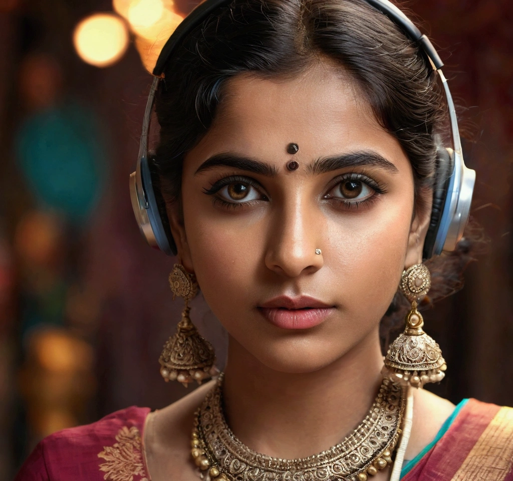 beautiful detailed eyes, beautiful detailed lips, extremely detailed eyes and face, longeyelashes, 1girl, a girl wearing a sari blouse, headphones on her ears, cigarette in her hand, detailed background, detailed clothing, detailed accessories, photorealistic, cinematic lighting, realistic colors, highly detailed, hyper realistic, masterpiece, stunning, dramatic, elegant