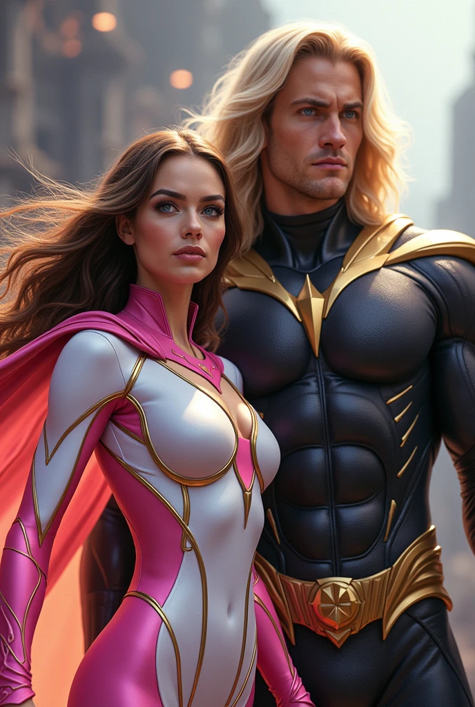 Make Lily Collins have big round eyes, brown hair, wearing a white and pink superhero costume, and a tall, muscular, blonde man with long hair wearing a black and gold superhero costume , with a layer of gold 