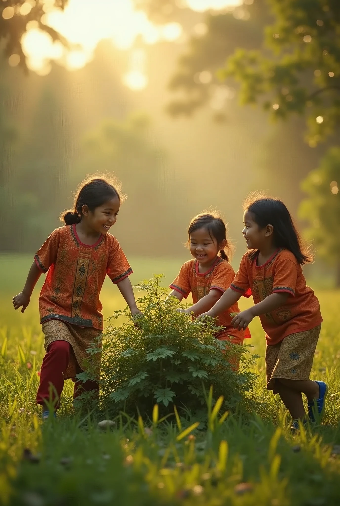 ( photo realism 1.2) photo realistic high detailed Malay kids smile at bush playing around cinematic view cinematography view morning mode