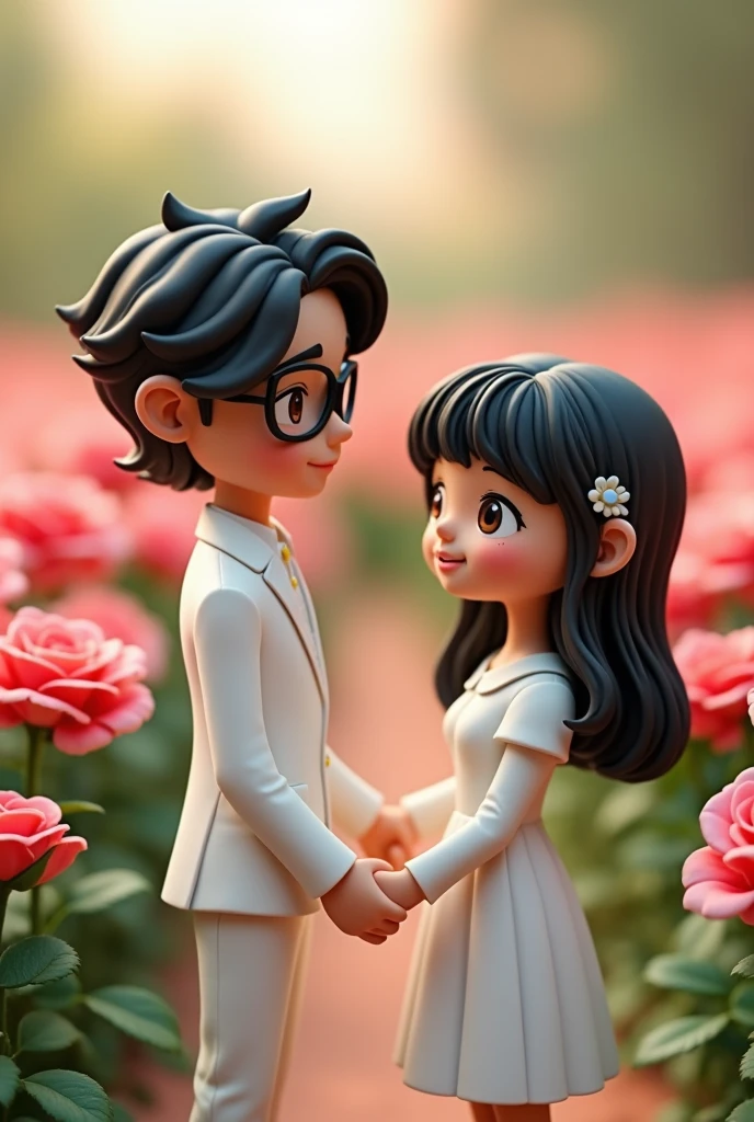 Cute clay model style，in rose garden，Young dark-haired prince wearing glasses，Wear a white suit；and elegant temperament，Long black wavy hair、The princess with bangs，Long-sleeved white shirt with collar，The lower body is a white long skirt，They hold hands happily。There is a group of guests behind：Iron Man，Doctor Strange，With the original Gundam。panoramic
