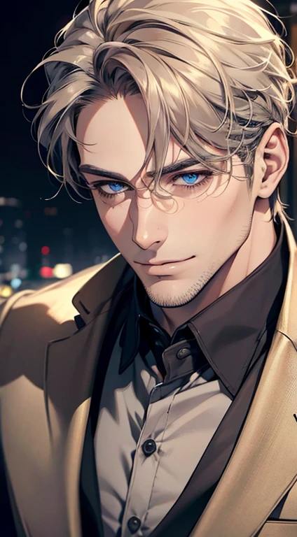 (best quality,4k,8k,highres,masterpiece:1.2),ultra-detailed,(realistic,photorealistic,photo-realistic:1.37),1 man,31 years old,mature man,very handsome,without expression,smile,short grey golden hair,blue eyes,penetrating gaze,perfect face without errors,imposing posture,businessman,office background,cinematic lighting,hdr image