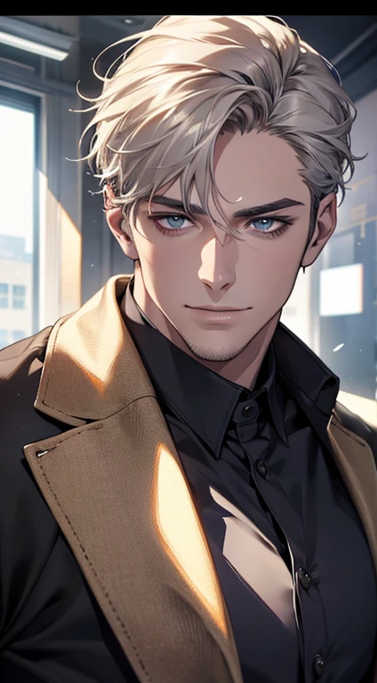 (best quality,4k,8k,highres,masterpiece:1.2),ultra-detailed,(realistic,photorealistic,photo-realistic:1.37),1 man,31 years old,mature man,very handsome,without expression,smile,short grey golden hair,blue eyes,penetrating gaze,perfect face without errors,imposing posture,businessman,office background,cinematic lighting,hdr image
