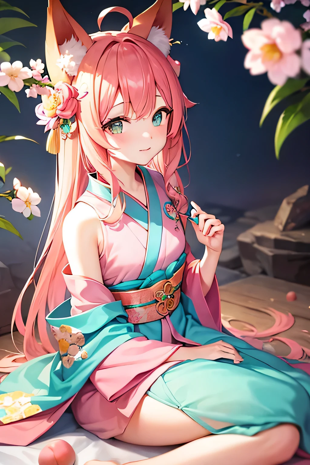 (((High quality,8k)))Beautiful,Shy,Girl,solo,Pink hair, Green eyes with heart in eyes,Green ribbons headband,Emerald necklace,Pink chinese national dress, Tall 167 cm., Long twintails
