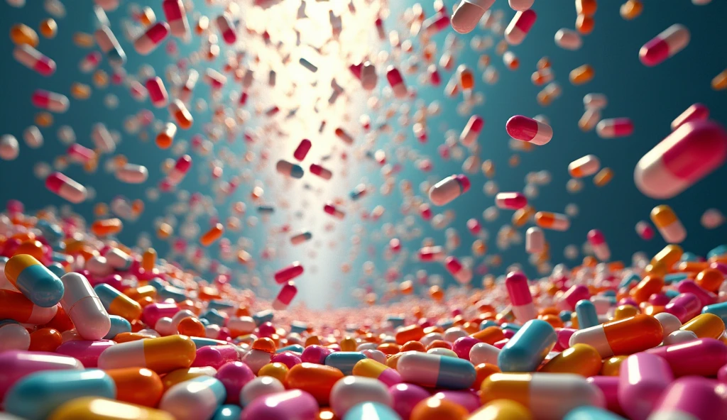 Piles of capsules and tablets in various colors are stacked below.,Capsules are constantly falling from above
