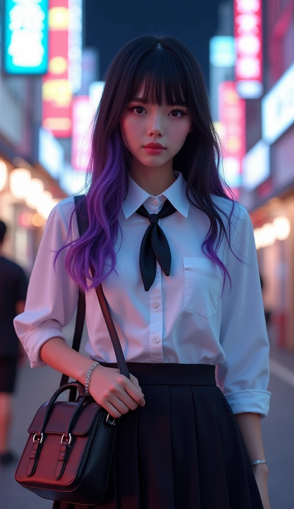 (in 8K、A high resolution、Best Quality、 masuter piece、unreal engine、top-quality、full body:1.2),(Natural Skin Texture、Detailed skin、Beautiful skin、ultra sharpness),intricate detailes、Extraordinary beauty,(((high breasts,slim body、1 Japanese woman,20 to 25 years old,adult lady,Height 5'9"))),(((an extremely cute and beautiful face,pale skin,empty eyes,eye bags,eyelash extension,blunt bangs,black hair,long hair,two-tone color hair with black and violet))),(solo:1.6),(white shirt,pleated skirt to the thighs,bolo tie,bracelet,ear piercings:1.4),(school bag:1.2),(dip-dye hair,outdoors,Tokyo,Kabukicho,night:1.5),((red eyeshadow, dark red lipsticks, strong eyelines)),safetensors,KPG,black shoes