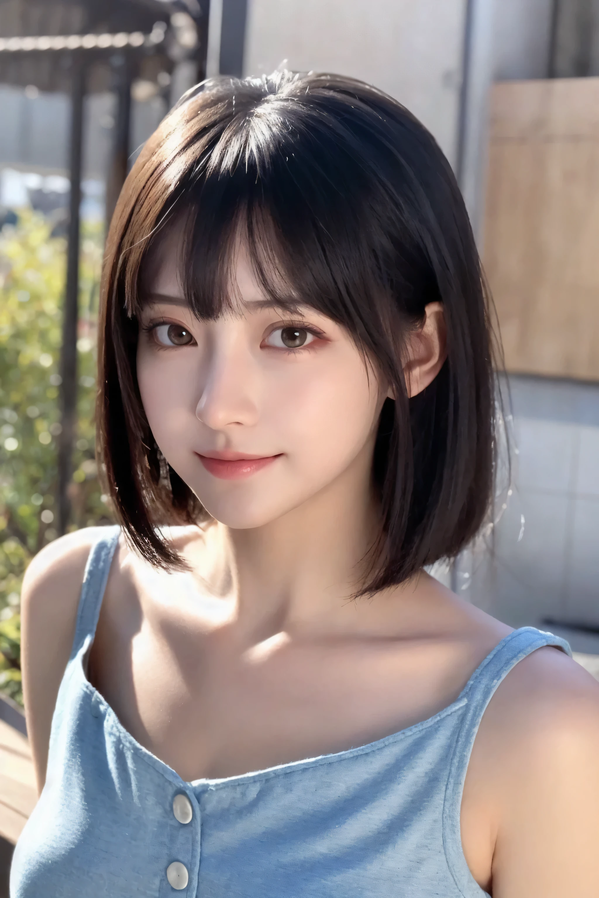 (8k, RAW Photo, Best Quality, Masterpiece:1.2), table top, Ultra Detail, Super Resolution, (Realistic, Realistic Photo:1.37), Portrait, High Detail RAW Color Photo, Professional Photo, Extremely Detailed and Beautiful, Extremely detailed, 8k wallpaper, amazing and detailed, huge file size, official art, highly detailed CG unity 8k wallpaper, highly detailed beautiful girl, highly detailed face, highly detailed eyes, highly detailed skin, highly detailed fingers, highly detailed nose, very detailed detailed mouth , perfect anatomy, highly detailed background, highly detailed clothes, 1girl, 17 year old girl, cute girl, realistic body, fair skin, glowing skin , slim body, handsome body, black hair , short hair, (blunt bangs:1.2), smile, cute, youthful, cute face, realistic face, delicate eyes, drooping eyes, looking at viewer, facing front, standing posture, Contraposto, dynamic lighting, ((face closeup)), (medium chest), (Perfect Body Proportions), (slender Body Proportions), (bedroom), super sexy pose, ((neat dress)),