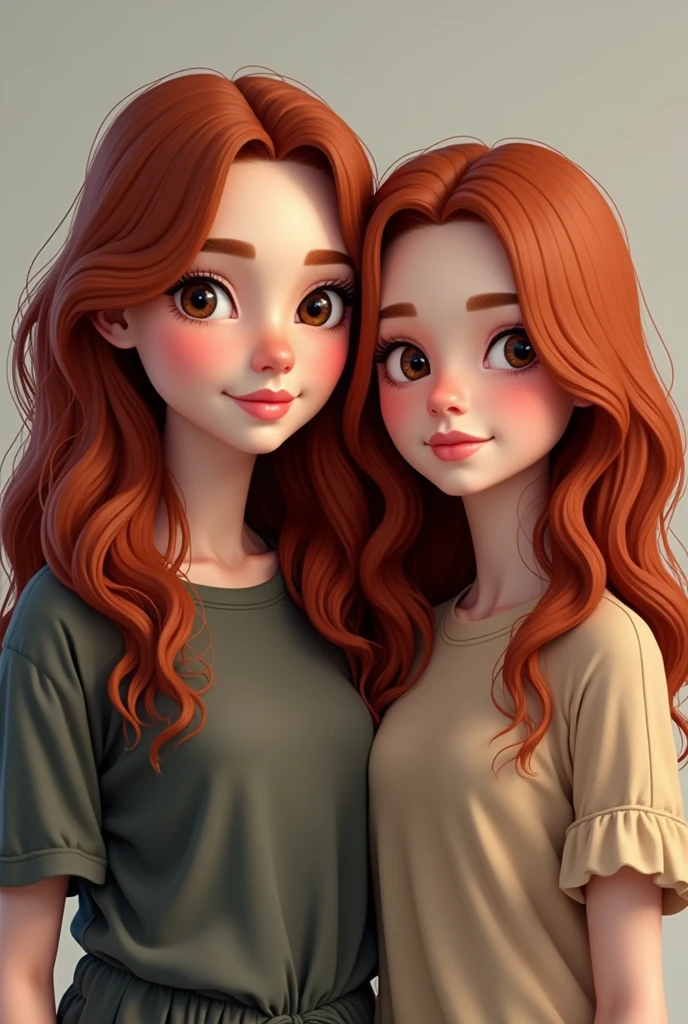 Sisters

Older sister, 29 years old, long red dyed hair with black roots; with waves and volume, round dark brown eyes, long and curly eyelashes, bushy eyebrows, thick, pink lips, with several extra kilos.

Younger sister, 15 years old, short hair to the shoulders with waves; dyed red with black roots, big slanted eyes, long and curly eyelashes, thin and pale lips, White skin, slim. 

Both sisters have similar features, both have red wavy hair but the younger one has it shorter, we both have visible black roots and the younger sister's lips are thinner. 

The older sister is overweight

The older sister is overweight, She is fat 
