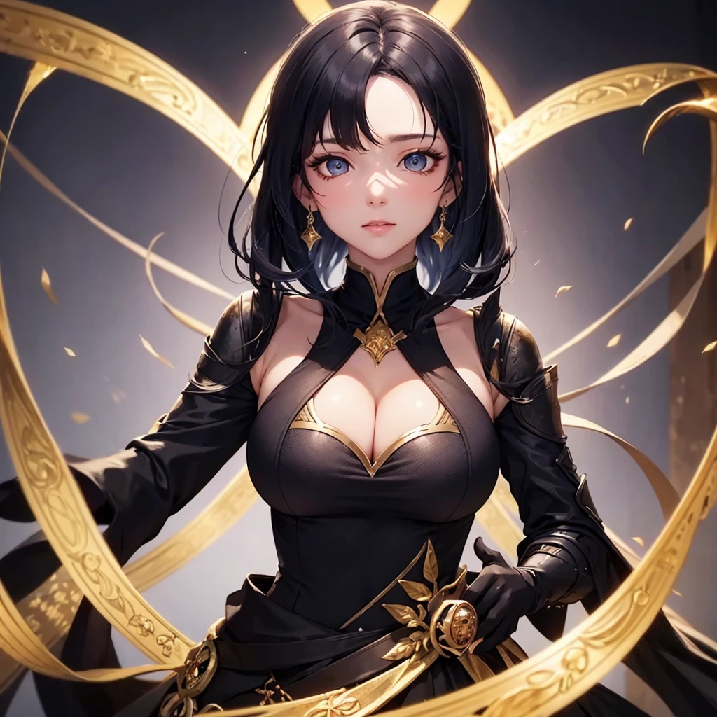 (Full Body),Blue Eyes,A woman with black hair wearing a golden dress, Portrait of a girl in the Knights of the Zodiac, Ayaka Genshin Impact, Close-up of a woman with black hair wearing a golden dress, portrait knight woman, Ayaka Games Genshin Impact, Amazing character art, 8K Portrait Rendering