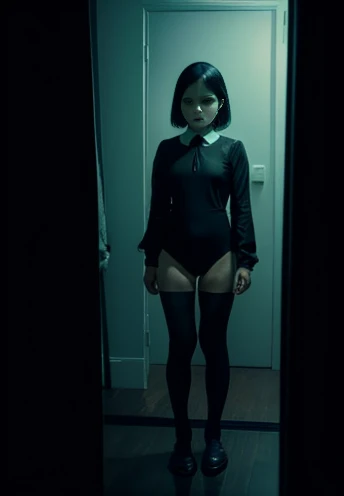 A young girl wearing a black high-cut leotard standing in front of a mirror, Wearing a white collared blouse、inspired by Gottfried Helnwein, Erwin Olaf, spookyネットフリックスはまだ撃たれています, Look in the mirror, Horror movie stills, spooky , Horror Photos, Scared :7, spiritual eerie spooky picture, Psychological horror movies still, Inspired by Diane Arbus、A girl wearing a black high-cut swimsuit、Dead