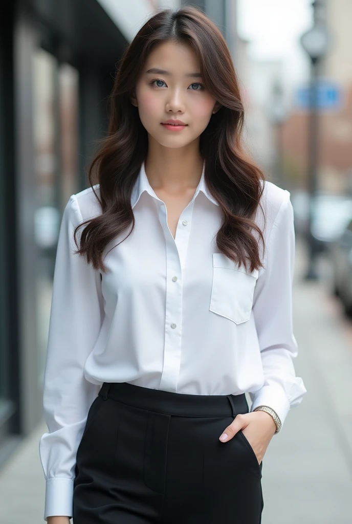 Beautiful brunette, Woman in white shirt and black pants standing on sidewalk, business clothes, Casual business clothes, Wear stylish outfits, Girl in a suit, Stylish casual attire, Office Clothes, business clothes, Modern fashion clothes, cropped shirt(With Jacket), Girl in suit, Wearing a business suit, Wearing a business suit, Wear casual business dress,, Very detailed, 21years old, Innocent face, Natural wavy hair, Blue eyes, High resolution, masutepiece, Best Quality, Intricate details, Highly detailed, Sharp Focus, Detailed skin, Realistic skin texture, Texture, Detailed eyes, Professional, 4K, Charming smile, shot in Canon, 85 mm, Shallow depth of field, Kodak Vision Color, Perfect Fit Body, Extremely detailed, a picture_\(Ultras\), Photorealistic, Realistic, Post-processing, Maximum Detail, Roughness, Real life, A hyper-realistic, Photorealism, Photography, 8K UHD, Photography, korean look