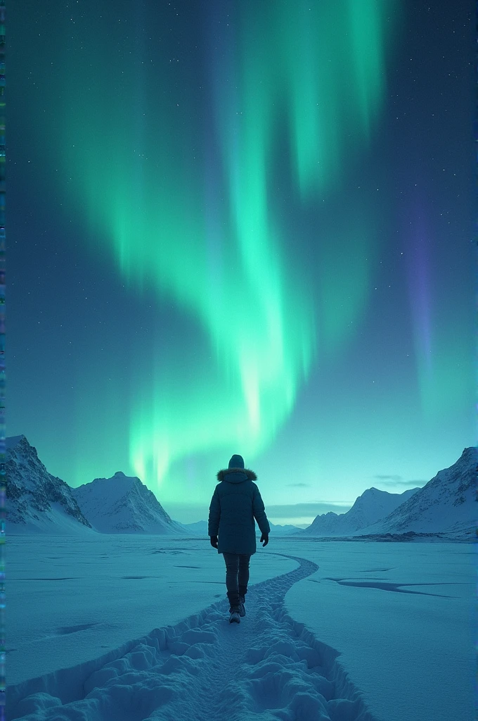 A person walking under the aurora borealis