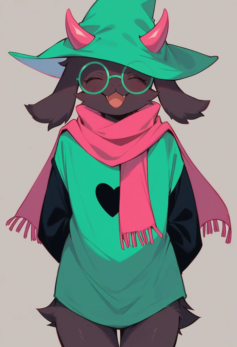 {{artist: %Zankuro%}} (score_9, score_8_up),furry, fur, face, Ralsei(deltarune), goat, dark fur, pink horns, black sleeves, cute, green glasses, hat, green shirt, standing, arms behind back,pink scarf,closed eyes, happy, silly face