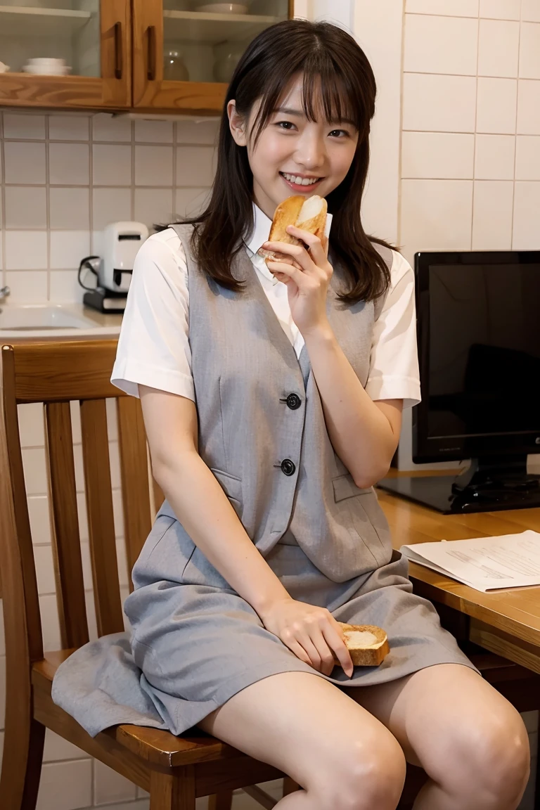 Best Quality、Masterpiece、High resolution photos、8k，1girl,Sitting on a chair、Eating a sandwich,holding a sandwich in both hands、Kitchen tableの上に 大量のサンドイッチがある、looking at the camera、laughing、Office uniform、check vest、skirt、slipper、Kitchen table